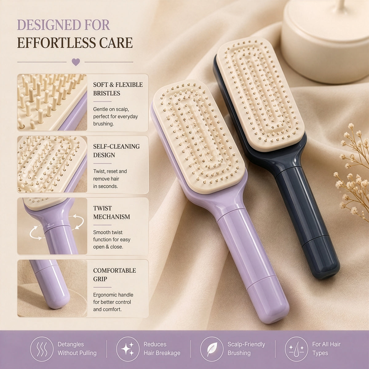 Viora Glide™ Self-Cleaning Hair Brush
